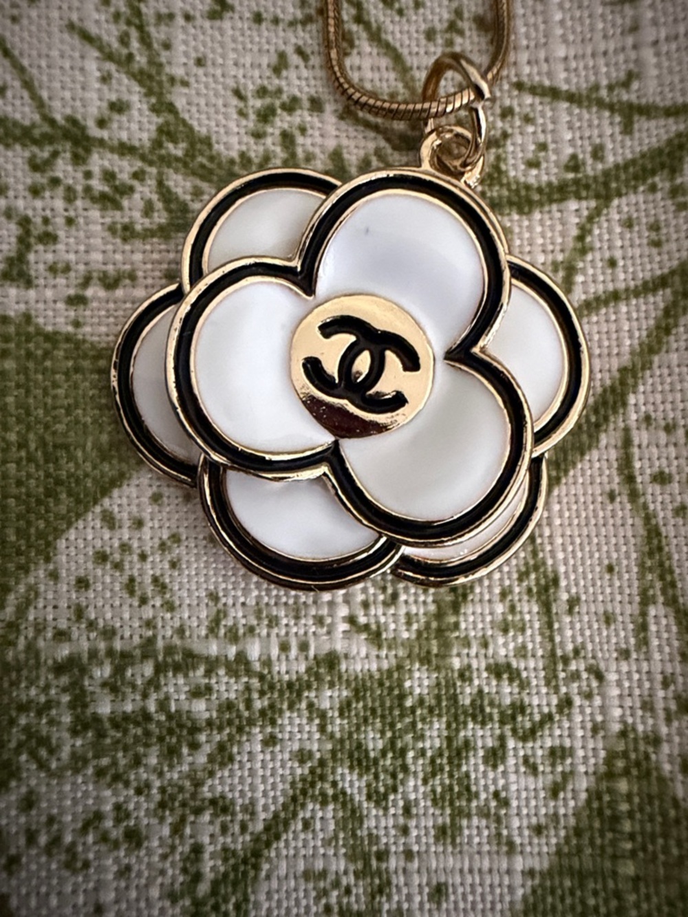 White Camellia Pendant Necklace with Gold Accents